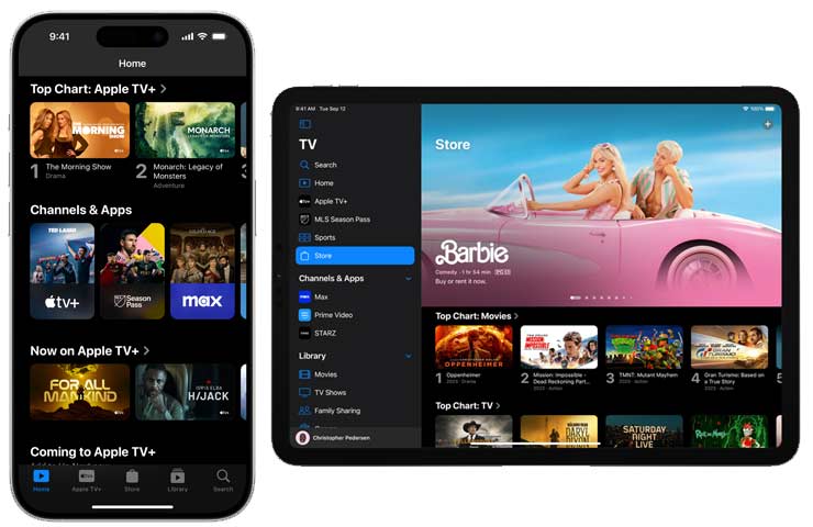 schermate dell'app Apple TV per iPad e iPhone