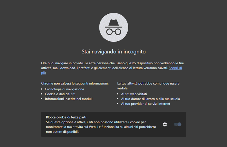 schermata navigazione in incognito nel browser Google Chrome