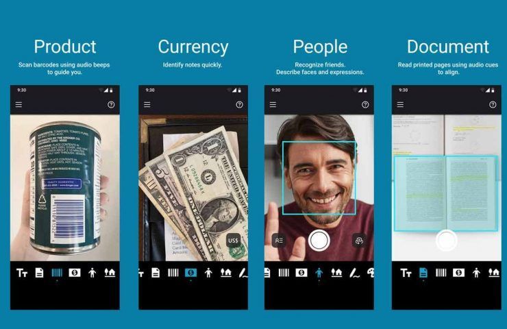 schermate Prodotti, Valuta, Persone, Documenti dall'app Microsoft Seeing AI