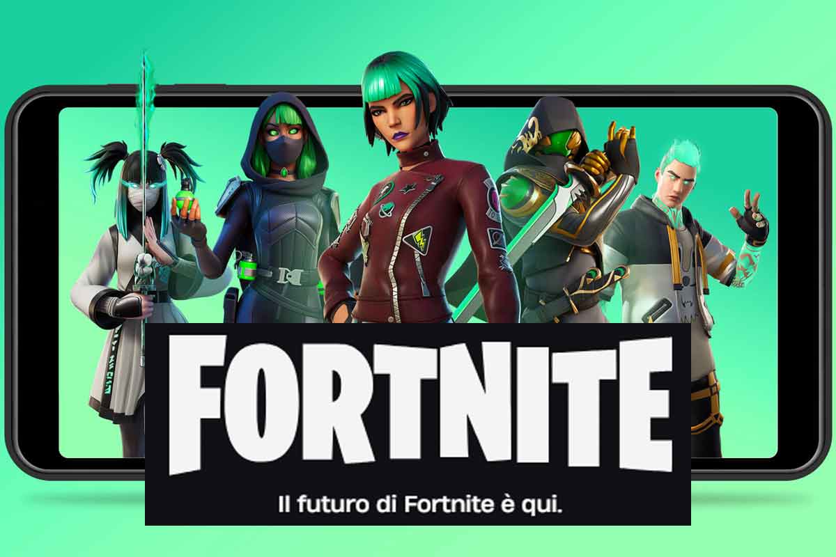 Epic Games Fortnite - logo gioco e personaggi su schermo smartphone