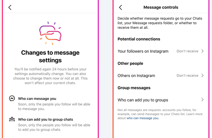 Meta Instagram - notifica nuova impostazione predefinita dei messaggi per adolescenti