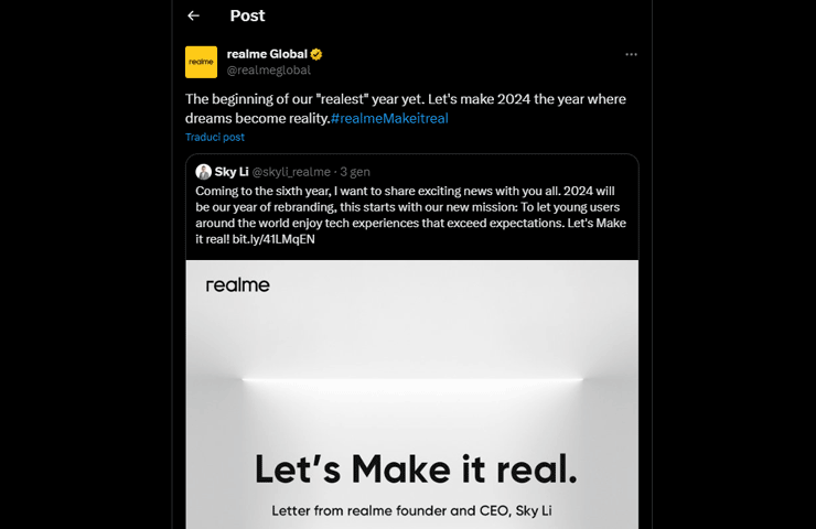 annuncio su X del rebranding di Ralme nel 2024 del CEO Sky Li
