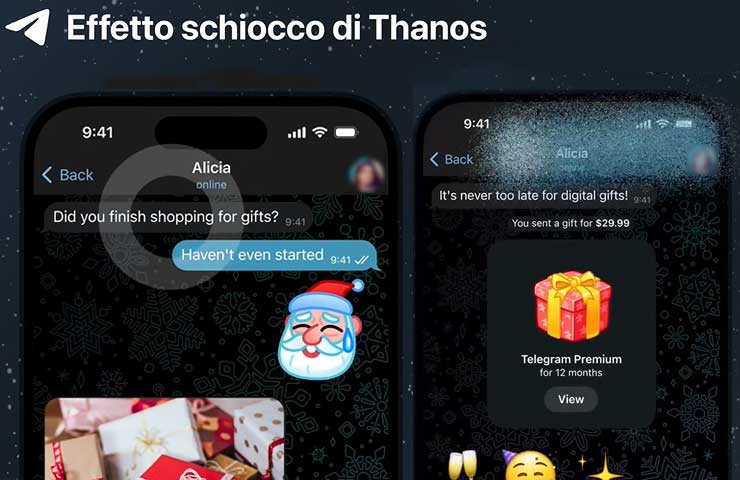 Telegram - demo dell'effetto schiocco di Thanos visibile quando un messaggio viene eliminato