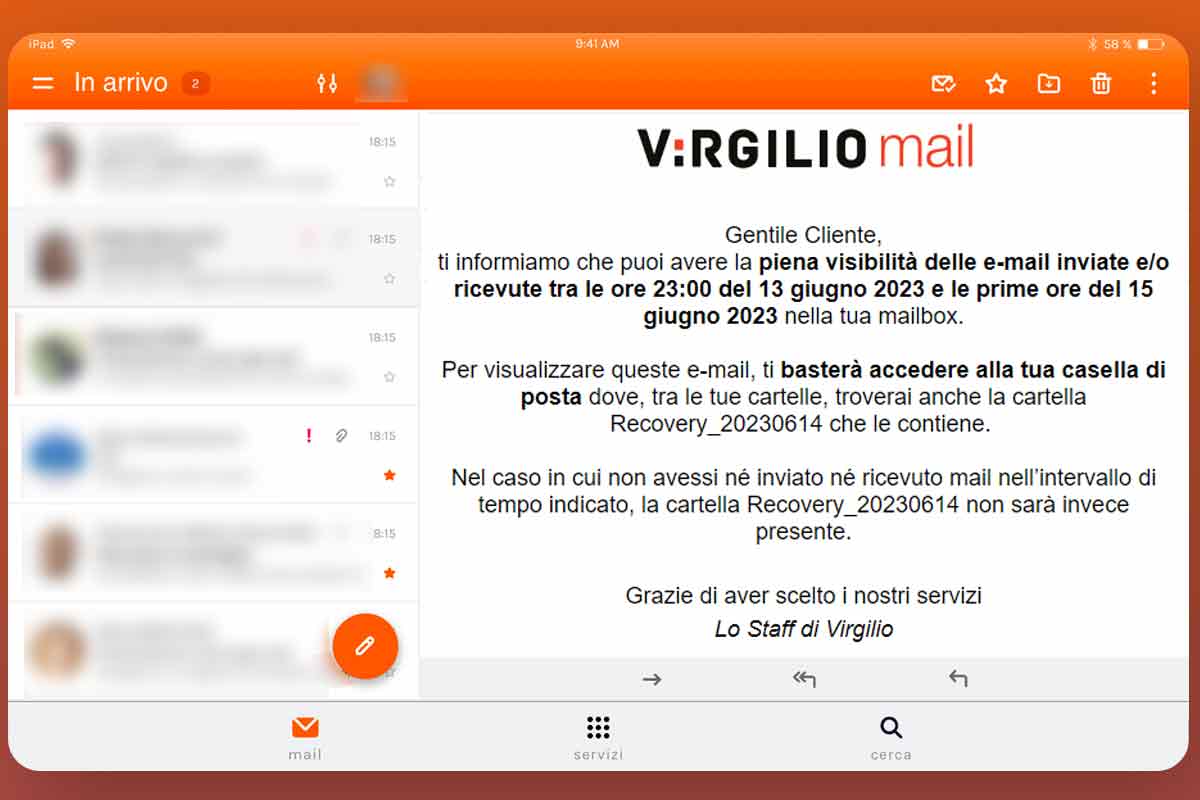 schermata di Virgilio Mail su tablet Android con sovrapposizione comunicazione recupero messaggi scambiati durante disservizio Giugno 2023