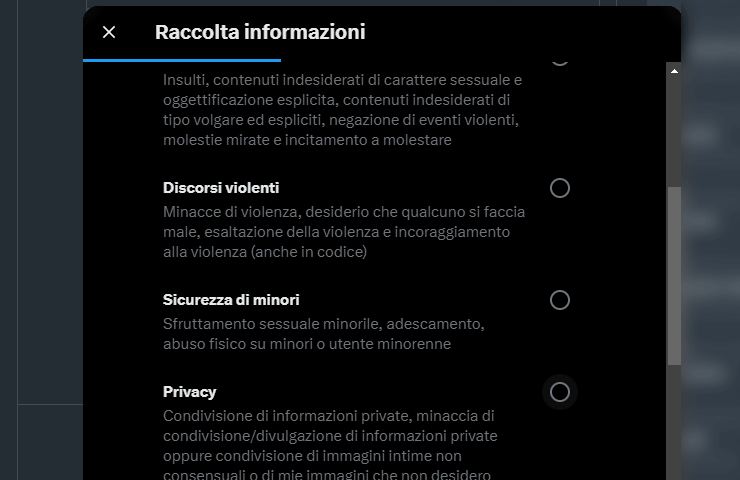 X - schermata di segnalazione post che potrebbe violare norme della community