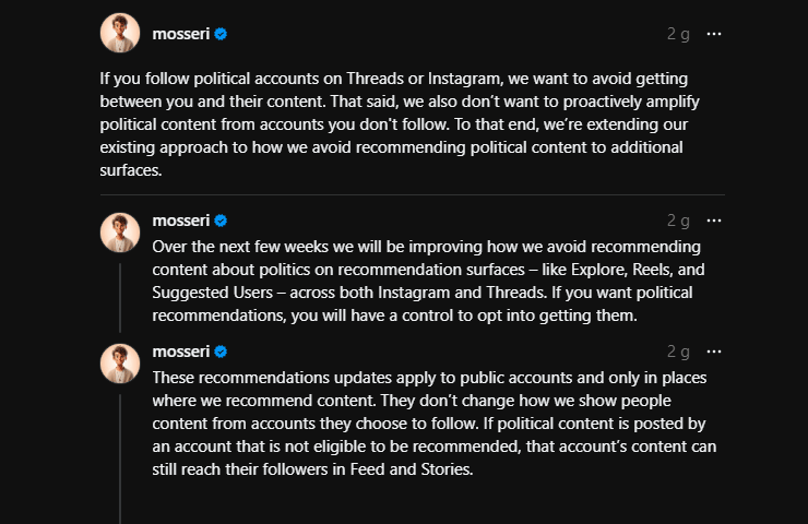 Adam Mosseri annuncia su X modifiche in arrivo su Instagram e Threads per le raccomandazioni di contenuti politici
