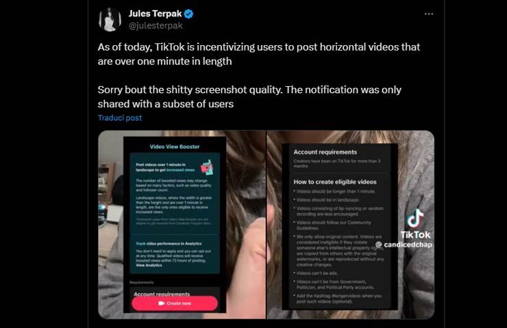 schermate della notifica di TikTok con cui invita i creators a condividere video orizzontali