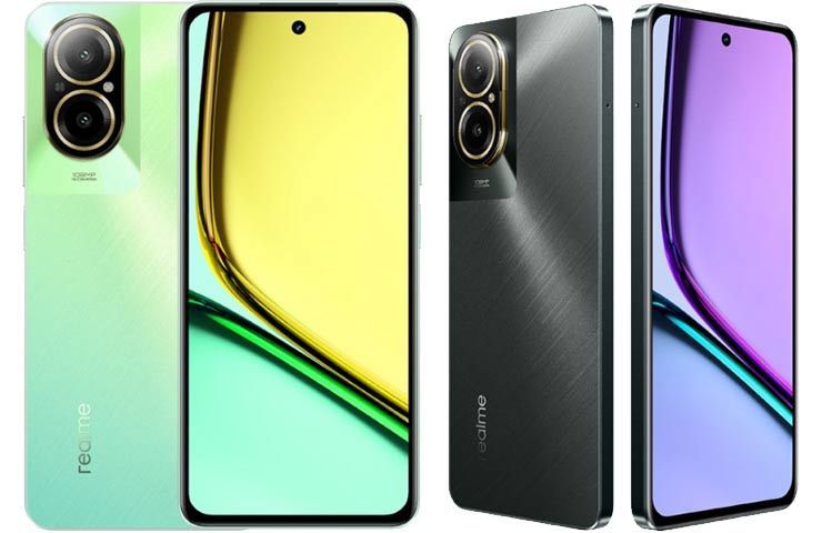 smartphone Realme C67 fronte e retro nelle colorazioni Sunny Oasis e Black Rock