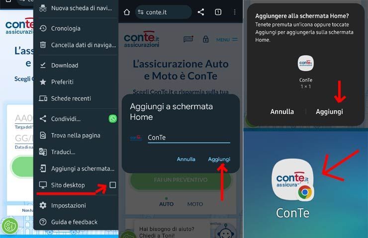 aggiunta collegamento all'Area Clienti ConTe.it via Chrome su Android