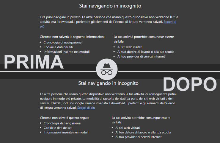 Chrome - navigazione in incognito 'prima' e 'dopo' febbraio 2024