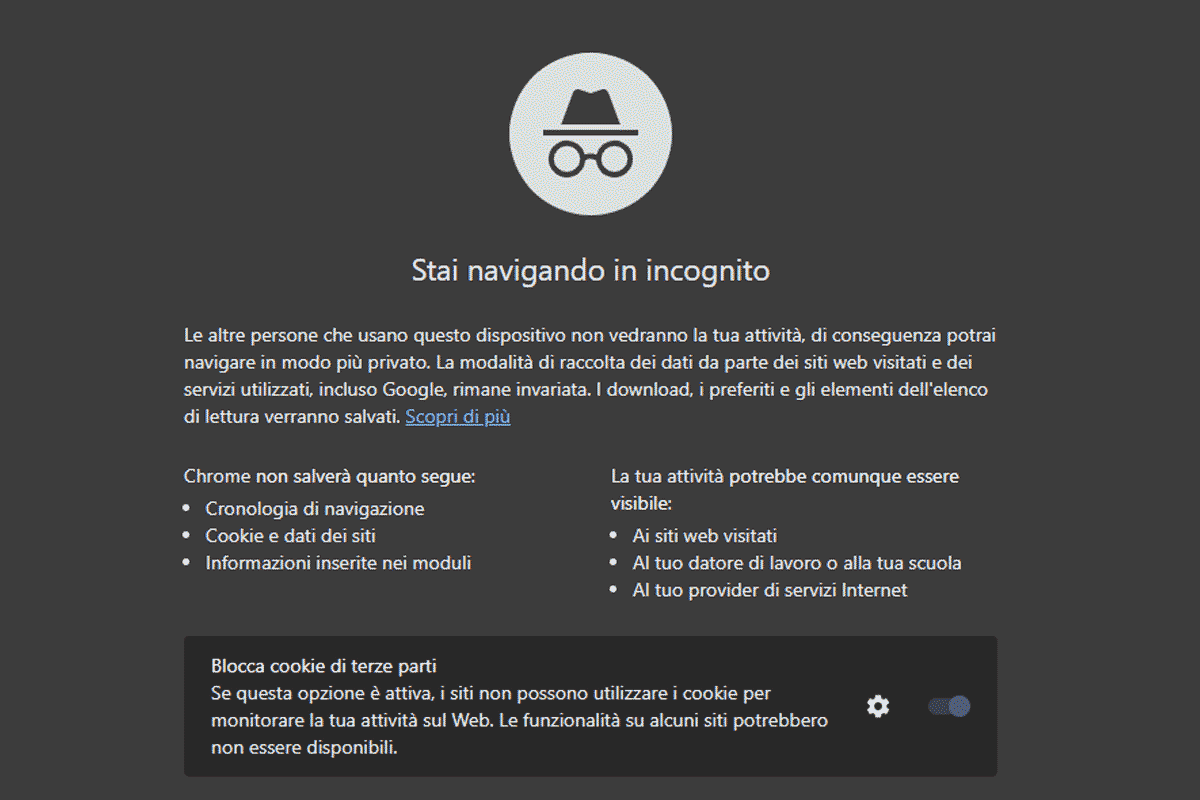 Google Chrome - nuova schermata di navigazione in incognito