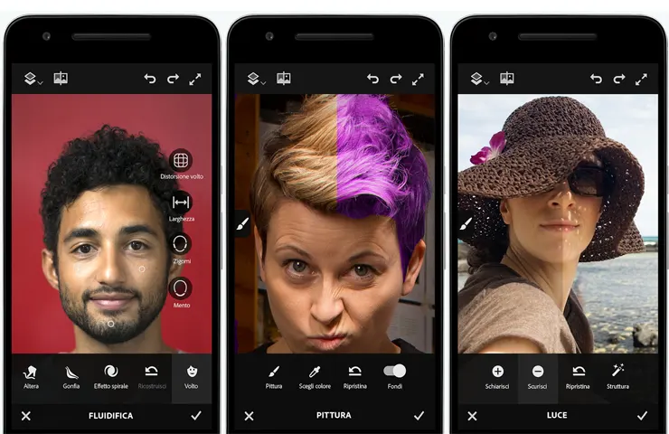 schermate app fotoritocco 'Photoshop Fix' per Android