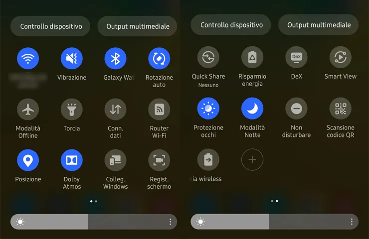 schermate del pannello Impostazioni rapide di uno smartphone Samsung Galaxy
