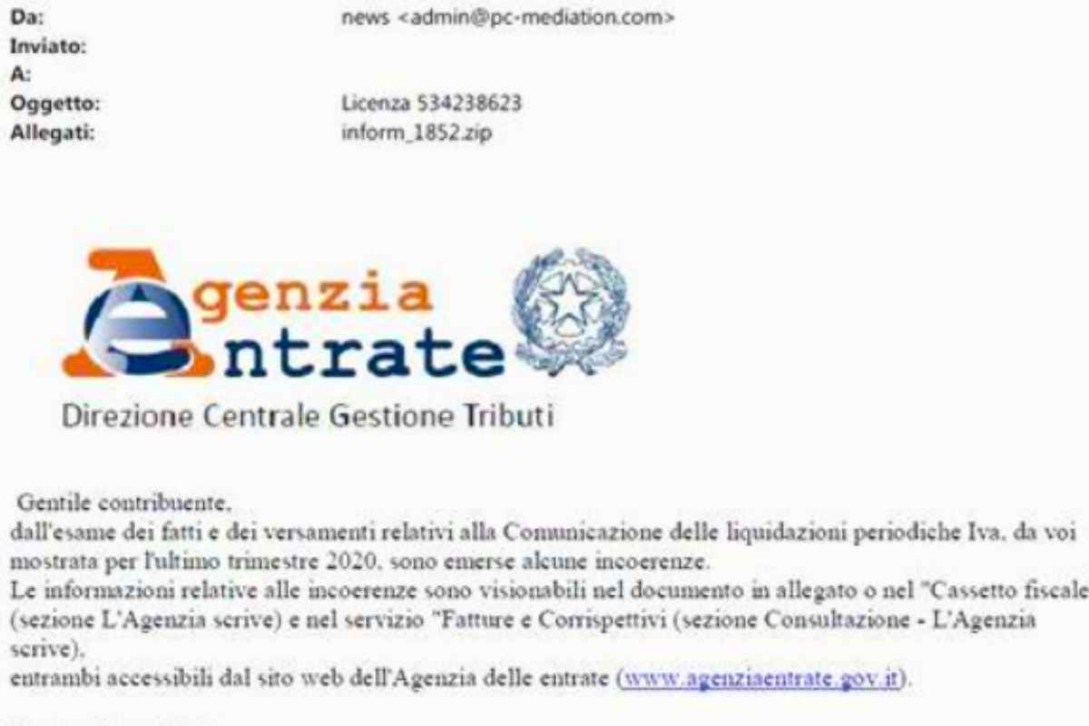 L'email truffa dell'Agenzia delle Entrate