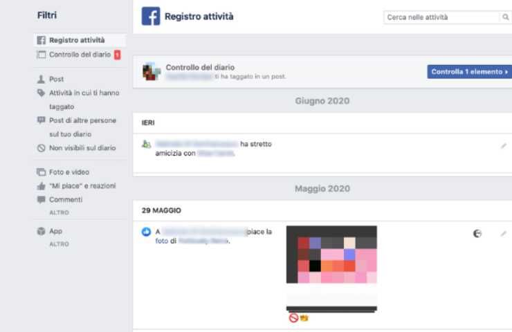 Registro attività di Facebook